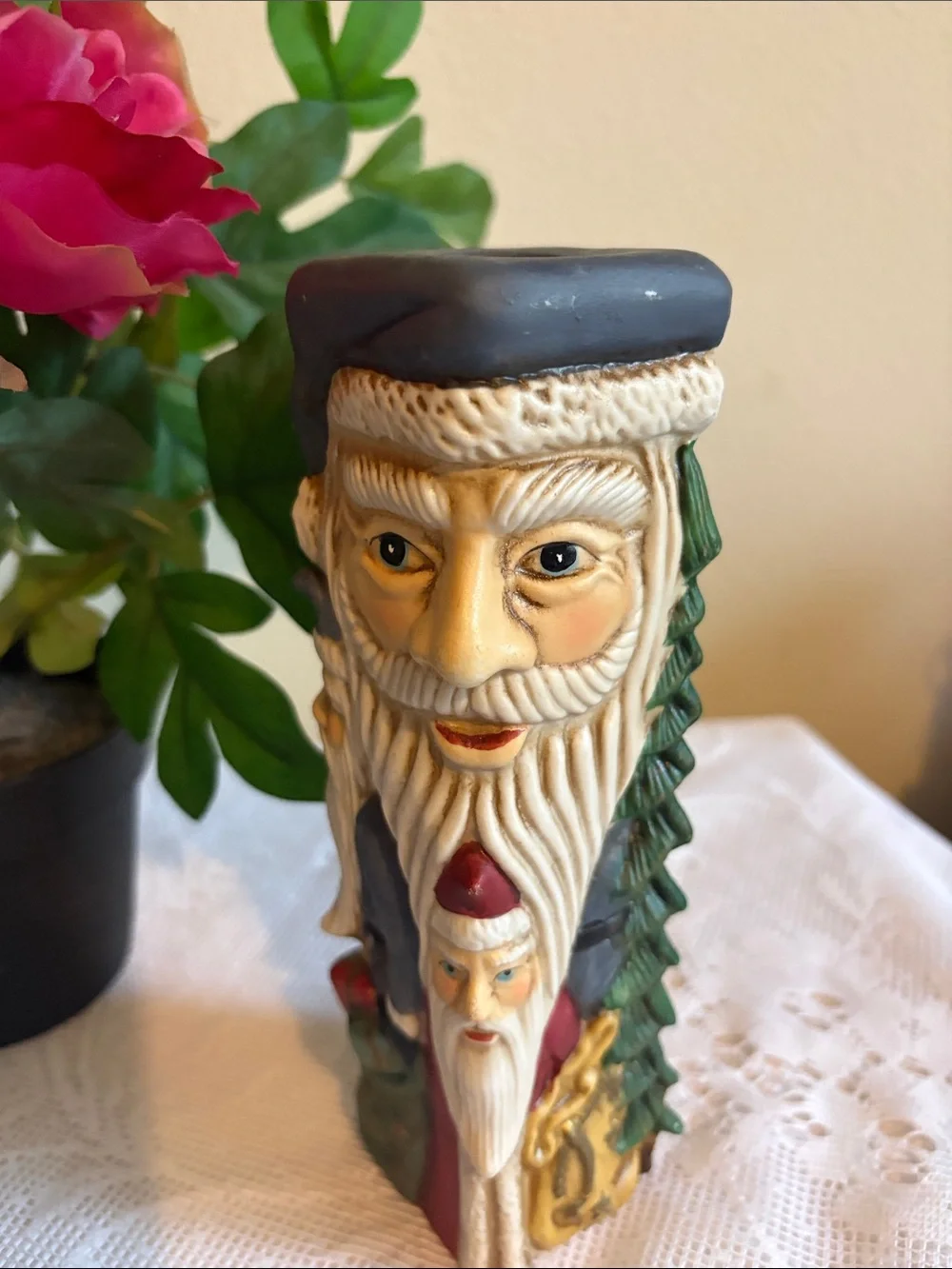 Vintage 2001 Santa Faces Pillar Candle Holder